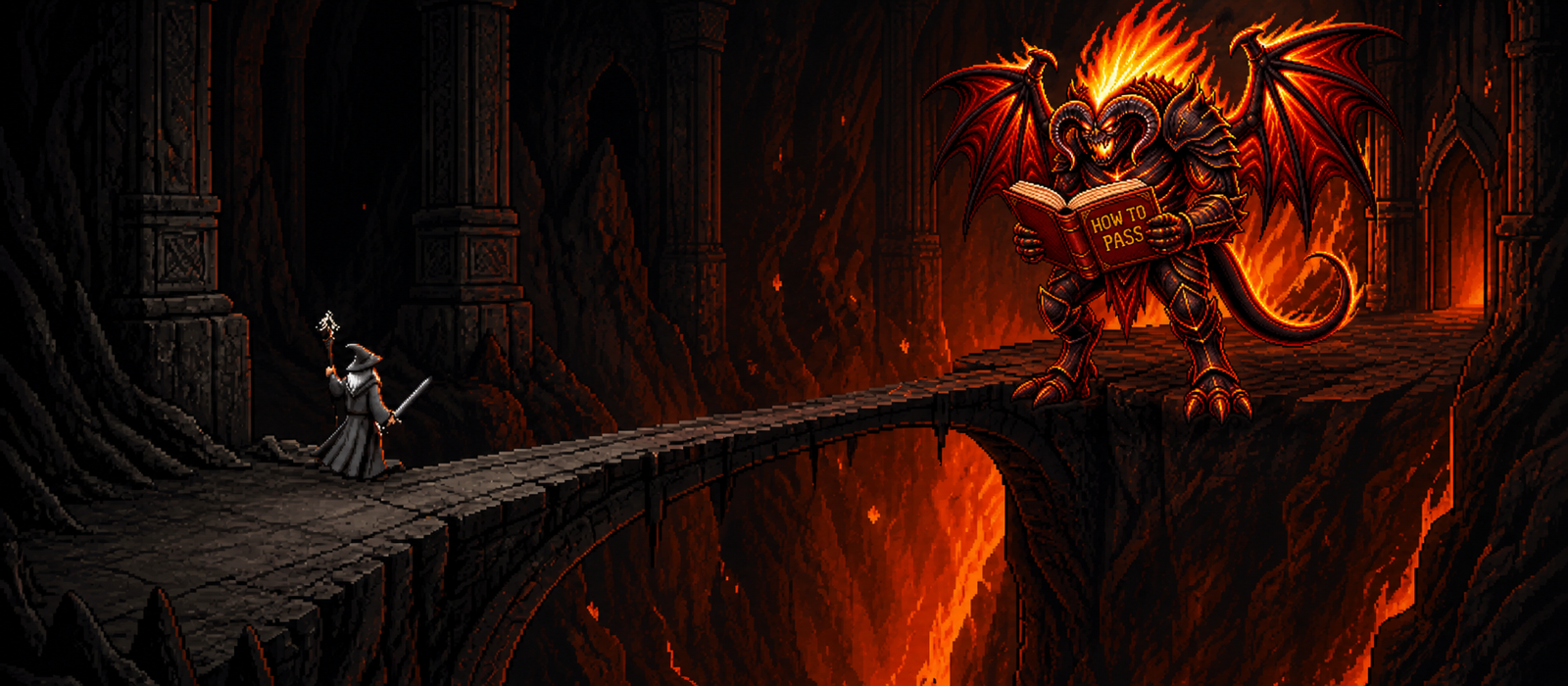 Gandalf faces the Balrog, who is reading a book, across a narrow bridge.
